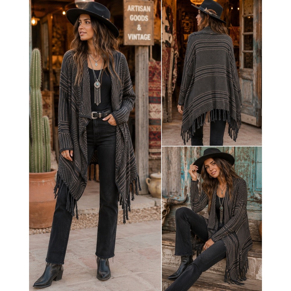 CECICO L Cotton Fringe Cardigan Southwestern Western Boho Draped Wrap